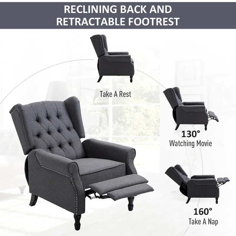 Sillón reclinable tapizado de ala, gris, de 1 plaza