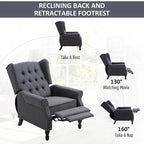 Sillón reclinable tapizado de ala, gris, de 1 plaza