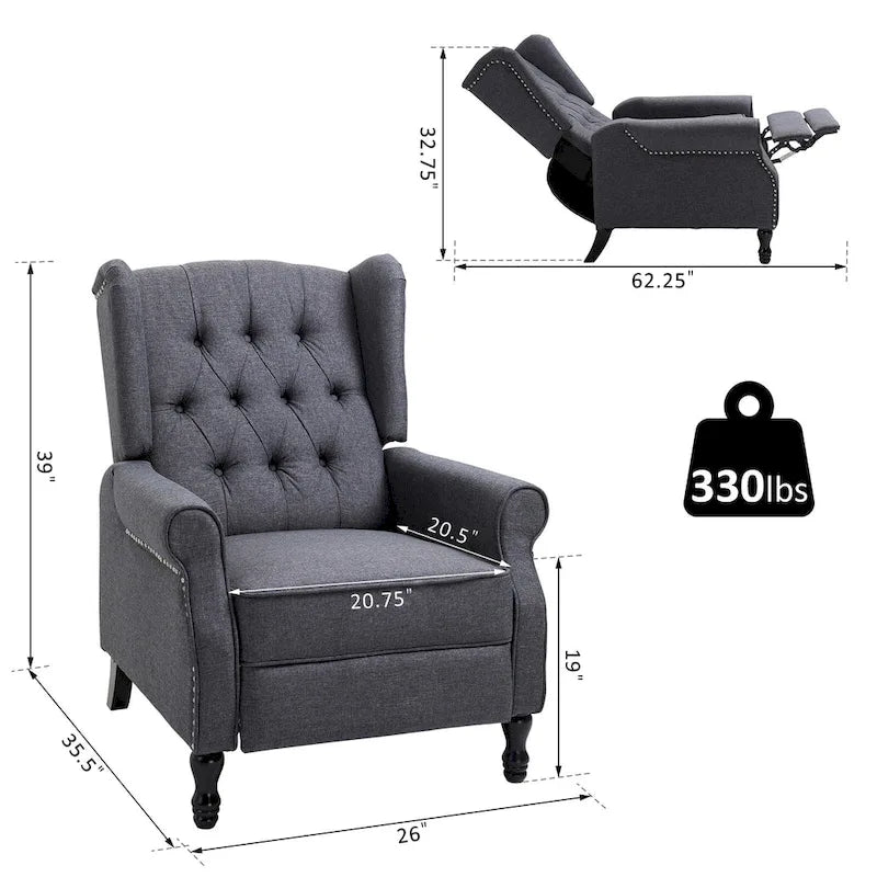 Sillón reclinable tapizado de ala, gris, de 1 plaza