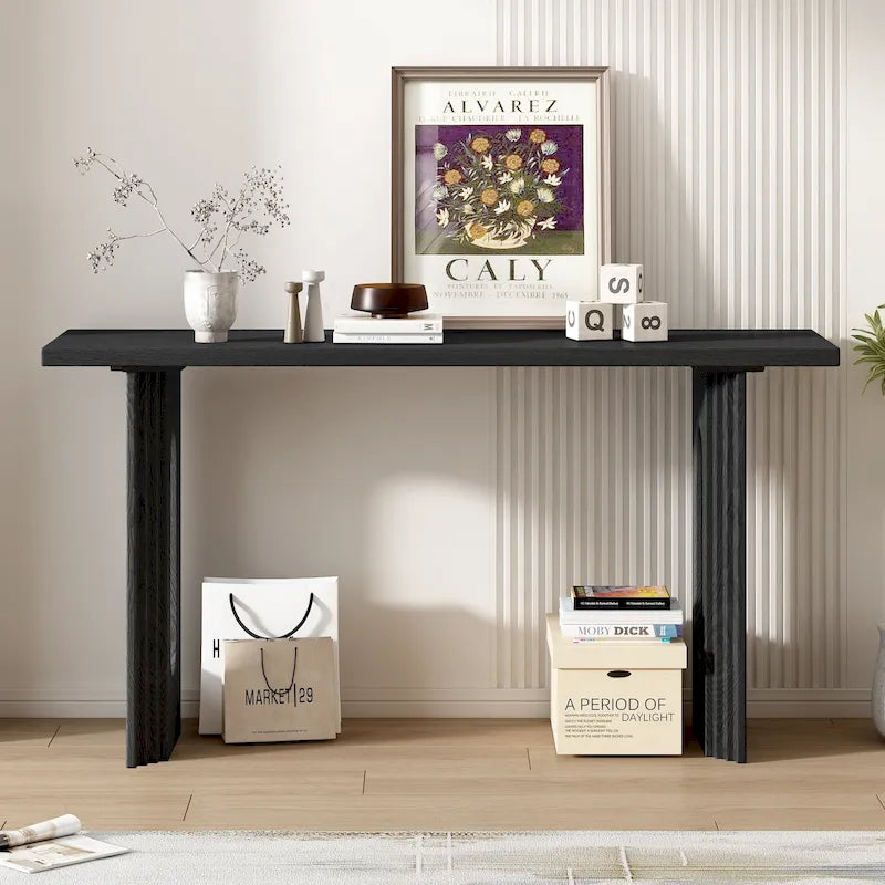 Mesa consola negra/natural con patas huecas redondas, mesa auxiliar para sofá de 2 personas