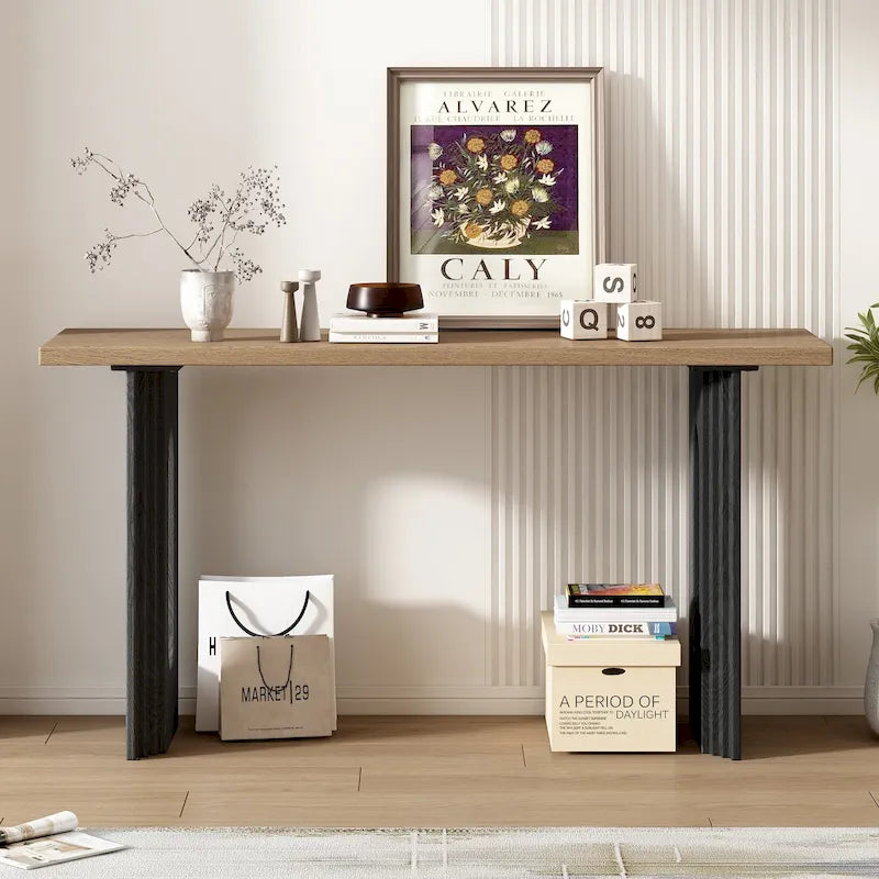 Mesa consola negra/natural con patas huecas redondas, mesa auxiliar para sofá de 2 personas
