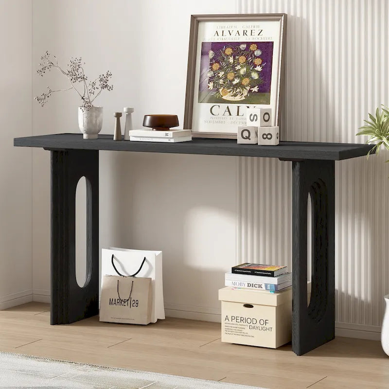 Mesa consola negra/natural con patas huecas redondas, mesa auxiliar para sofá de 2 personas