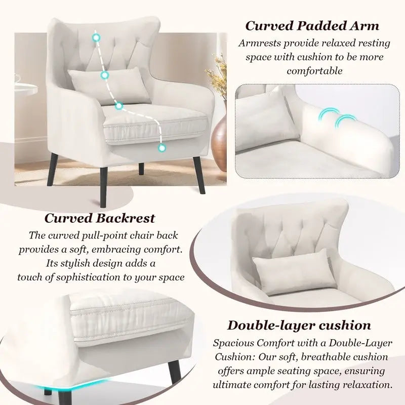 Sillón de terciopelo capitoné con orejeras, de un solo asiento – Azul marino / Negro / Blanco / Gris / Rosa