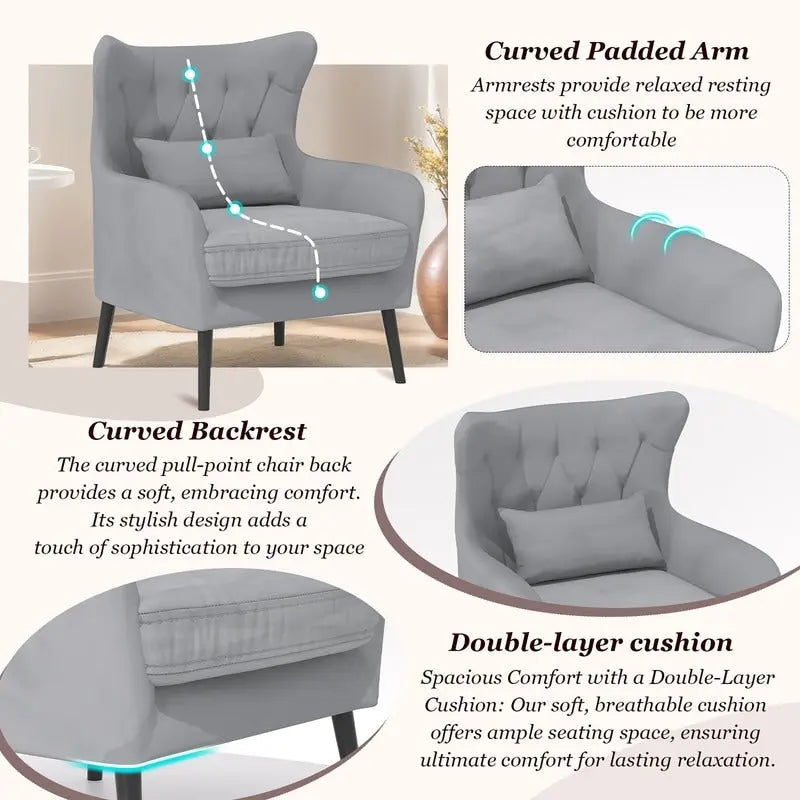 Sillón de terciopelo capitoné con orejeras, de un solo asiento – Azul marino / Negro / Blanco / Gris / Rosa