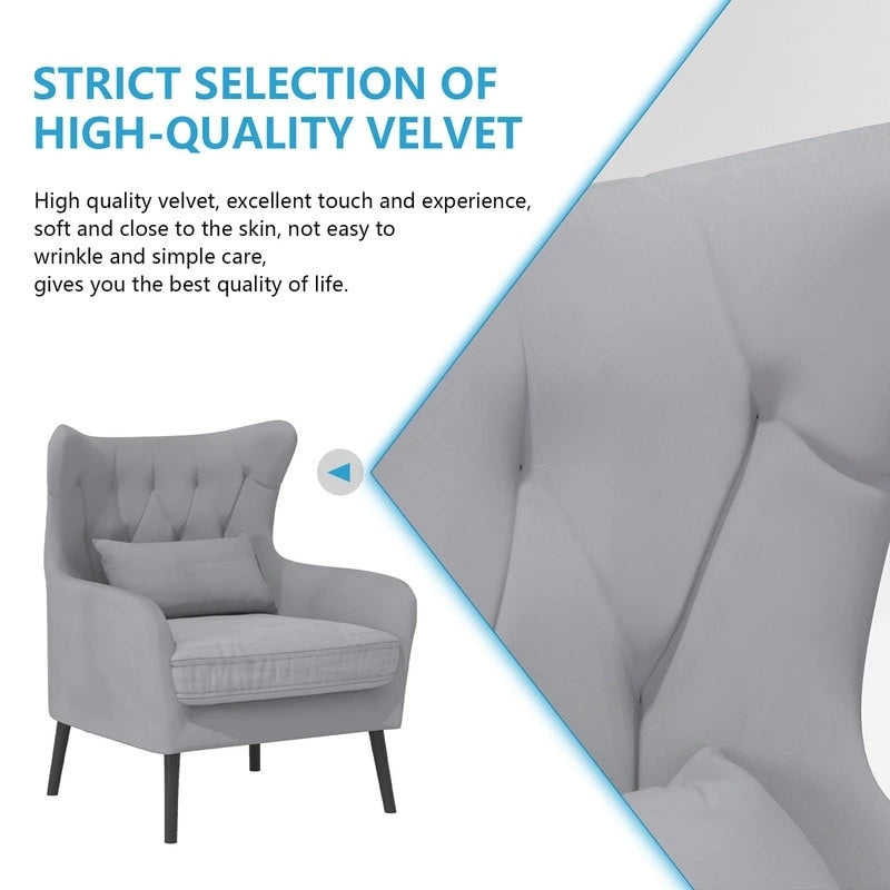 Sillón de terciopelo capitoné con orejeras, de un solo asiento – Azul marino / Negro / Blanco / Gris / Rosa