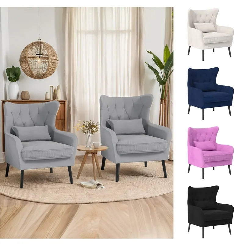 Sillón de terciopelo capitoné con orejeras, de un solo asiento – Azul marino / Negro / Blanco / Gris / Rosa