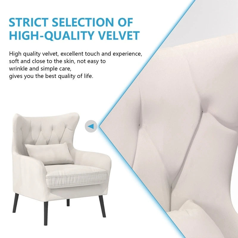 Sillón de terciopelo capitoné con orejeras, de un solo asiento – Azul marino / Negro / Blanco / Gris / Rosa