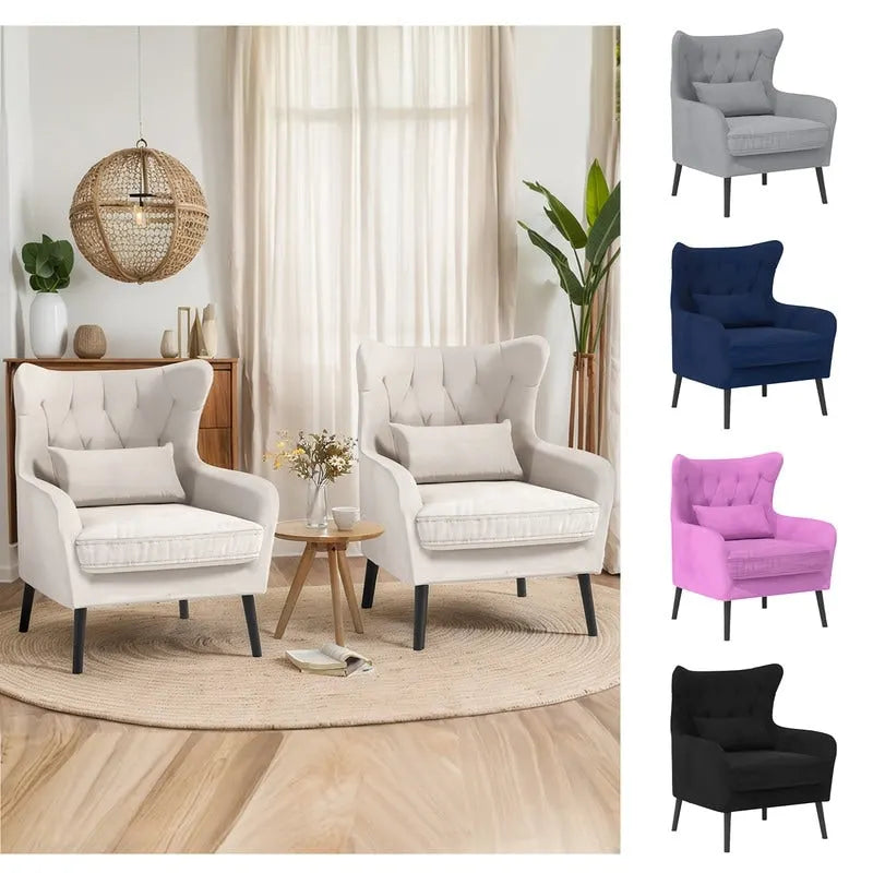 Sillón de terciopelo capitoné con orejeras, de un solo asiento – Azul marino / Negro / Blanco / Gris / Rosa