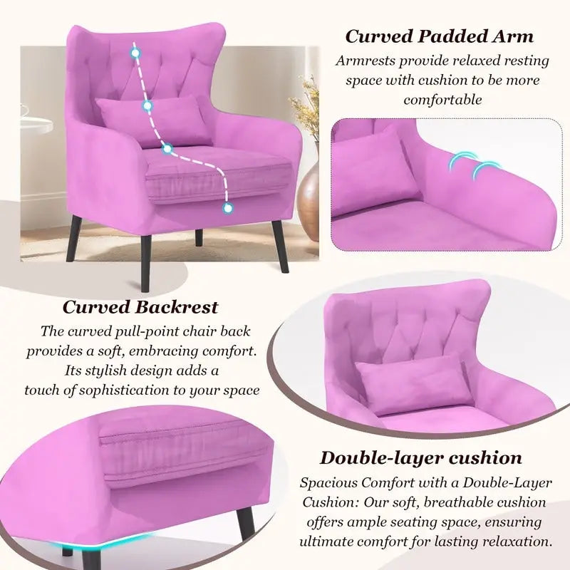 Sillón de terciopelo capitoné con orejeras, de un solo asiento – Azul marino / Negro / Blanco / Gris / Rosa