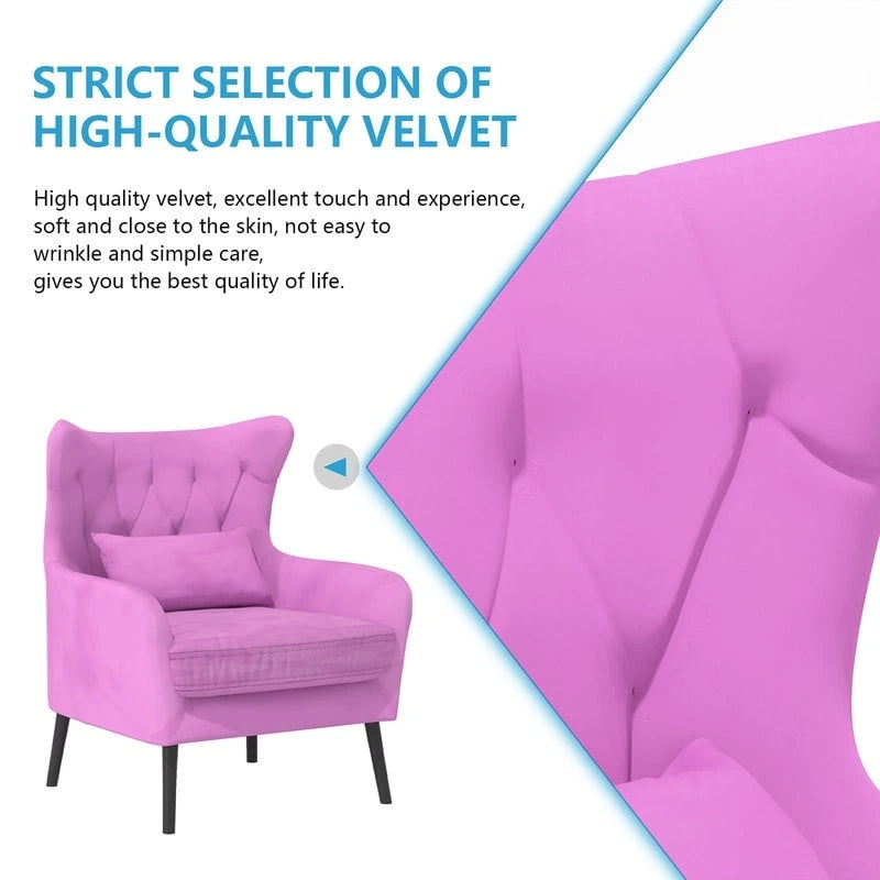 Sillón de terciopelo capitoné con orejeras, de un solo asiento – Azul marino / Negro / Blanco / Gris / Rosa