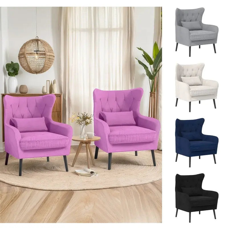 Sillón de terciopelo capitoné con orejeras, de un solo asiento – Azul marino / Negro / Blanco / Gris / Rosa