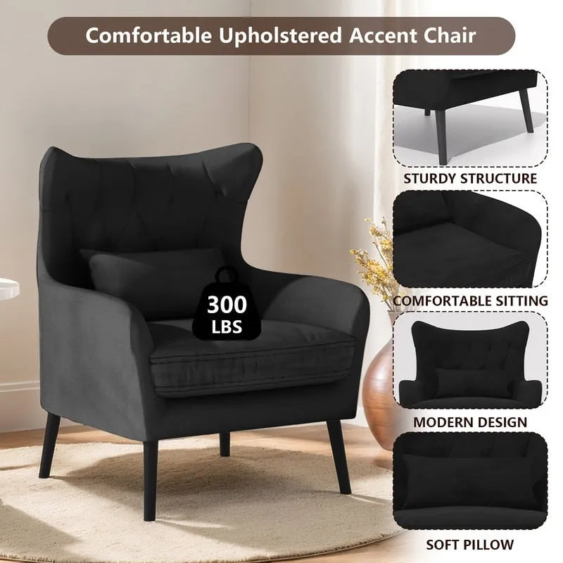 Sillón de terciopelo capitoné con orejeras, de un solo asiento – Azul marino / Negro / Blanco / Gris / Rosa