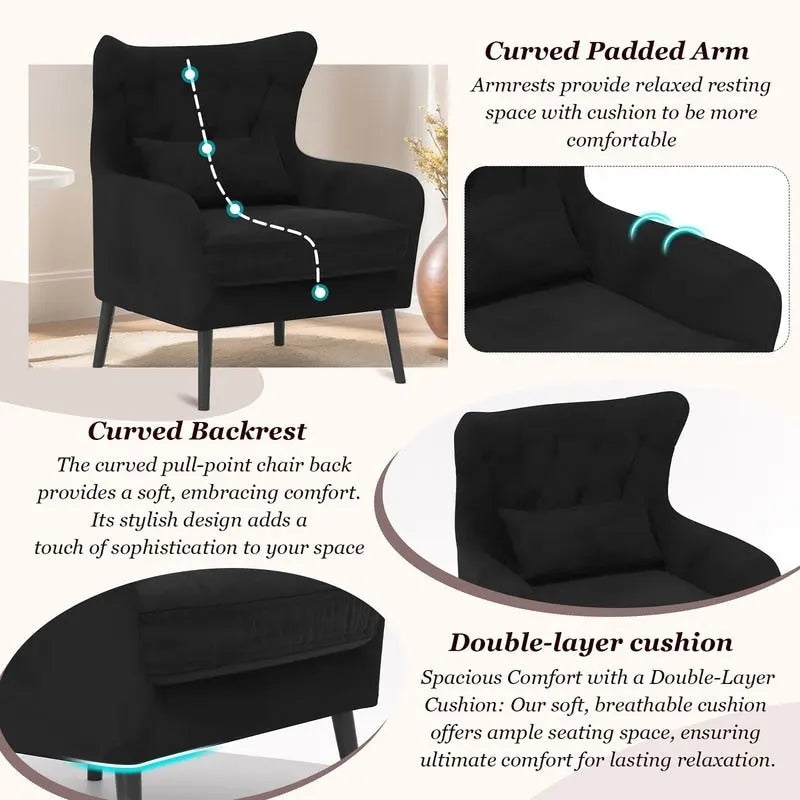 Sillón de terciopelo capitoné con orejeras, de un solo asiento – Azul marino / Negro / Blanco / Gris / Rosa
