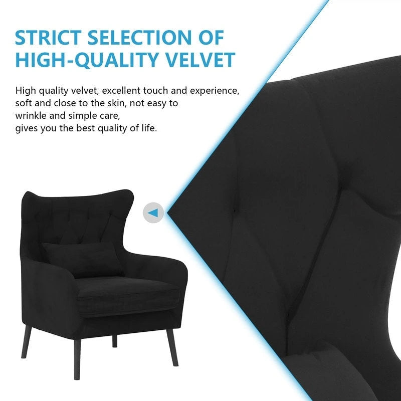 Sillón de terciopelo capitoné con orejeras, de un solo asiento – Azul marino / Negro / Blanco / Gris / Rosa