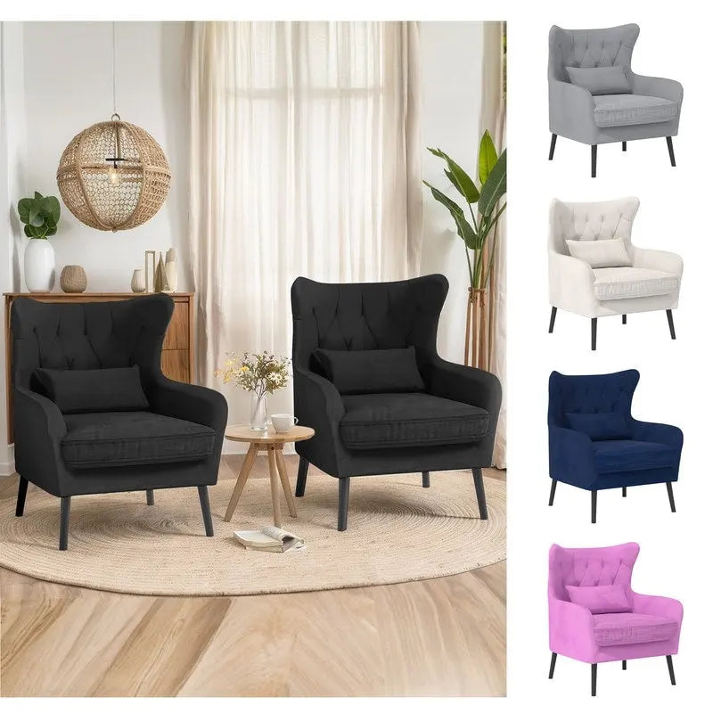 Sillón de terciopelo capitoné con orejeras, de un solo asiento – Azul marino / Negro / Blanco / Gris / Rosa