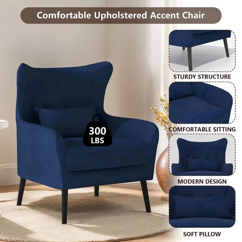 Sillón de terciopelo capitoné con orejeras, de un solo asiento – Azul marino / Negro / Blanco / Gris / Rosa
