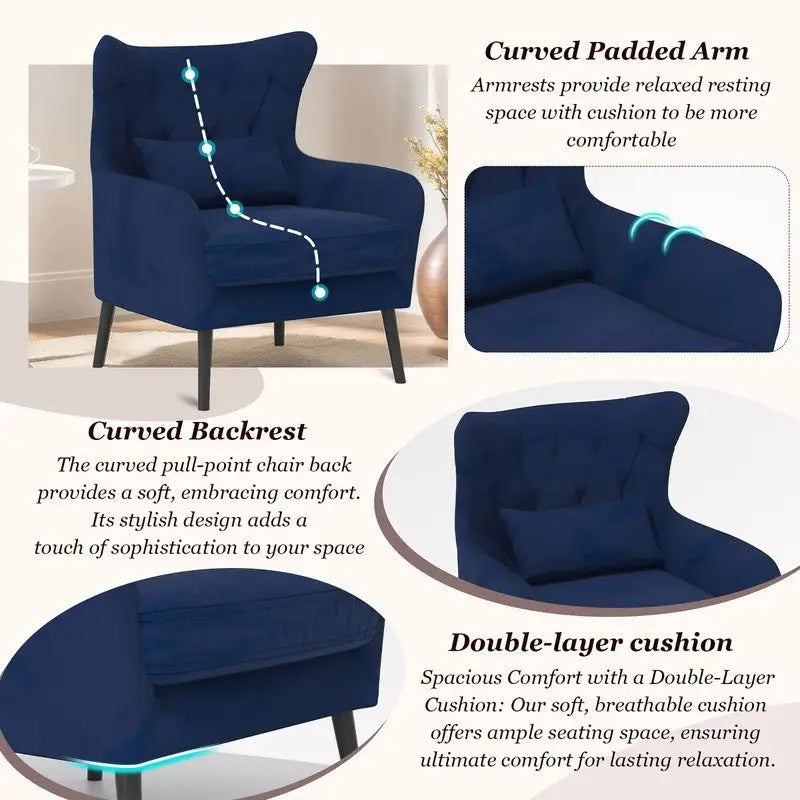 Sillón de terciopelo capitoné con orejeras, de un solo asiento – Azul marino / Negro / Blanco / Gris / Rosa