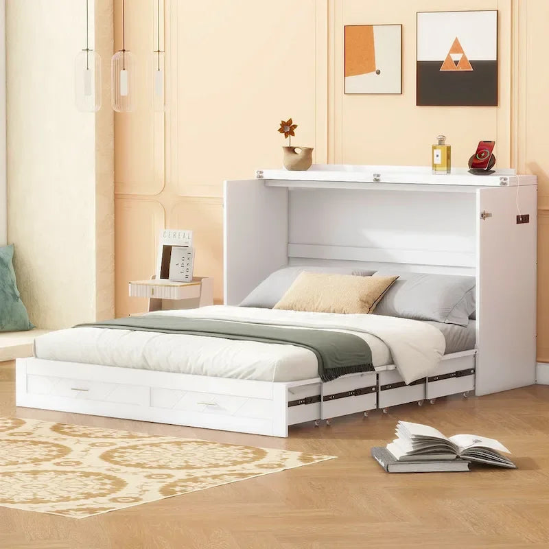 Cama de pared Murphy blanca con cajón, enchufes y USB – Tamaño matrimonial