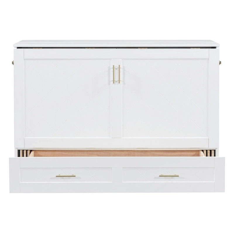 Cama de pared Murphy blanca con cajón, enchufes y USB – Tamaño matrimonial