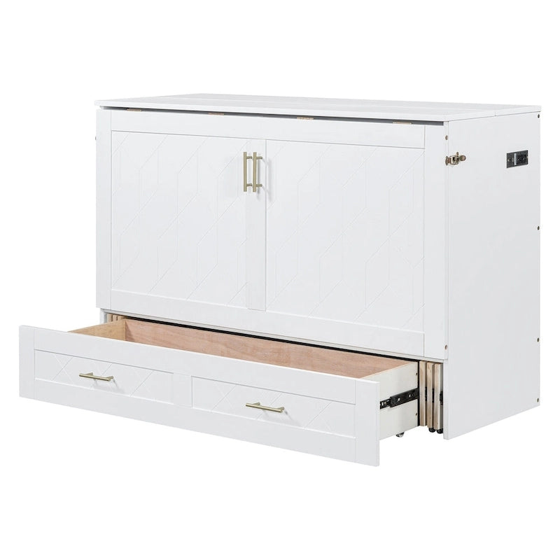 Cama de pared Murphy blanca con cajón, enchufes y USB – Tamaño matrimonial