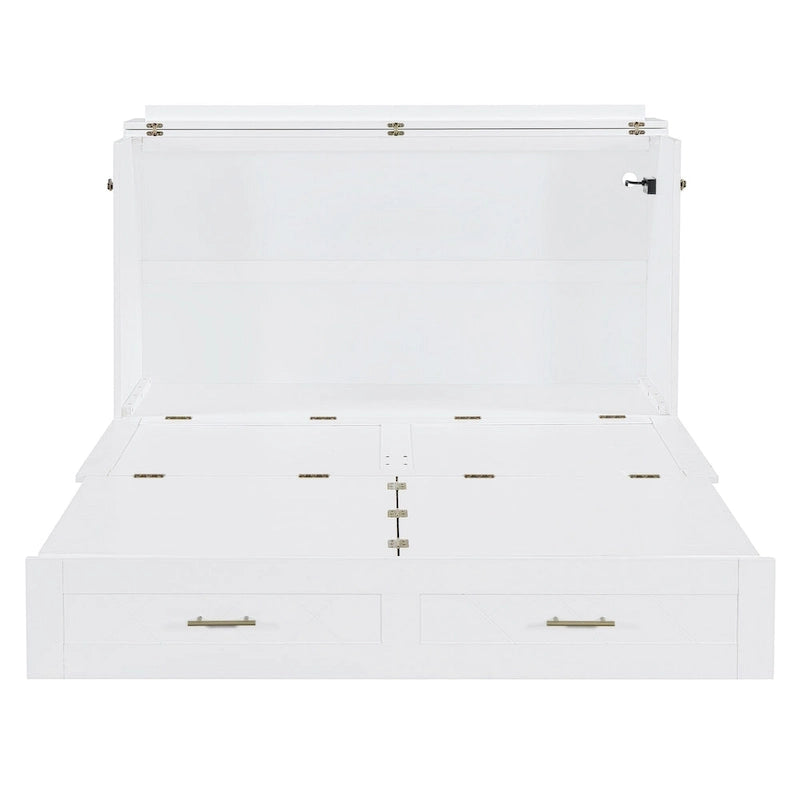 Cama de pared Murphy blanca con cajón, enchufes y USB – Tamaño matrimonial