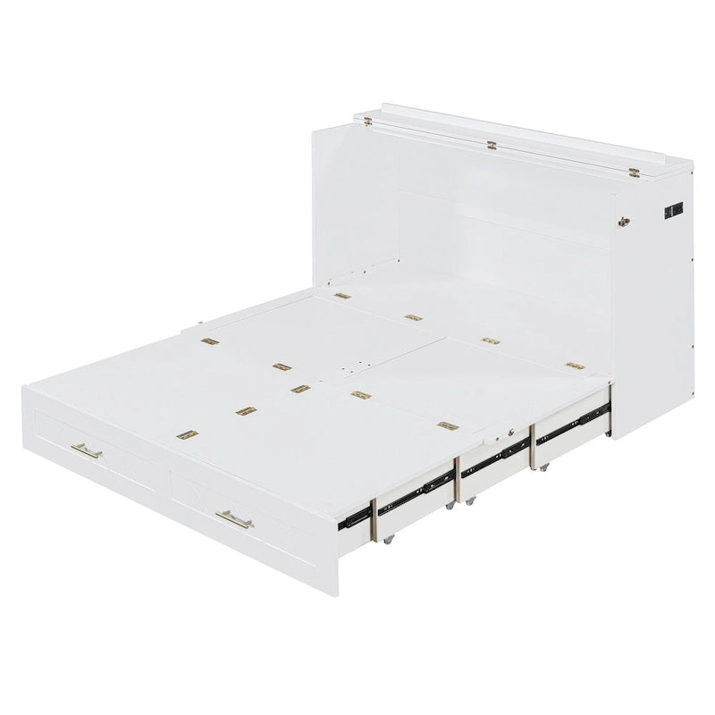 Cama de pared Murphy blanca con cajón, enchufes y USB – Tamaño matrimonial