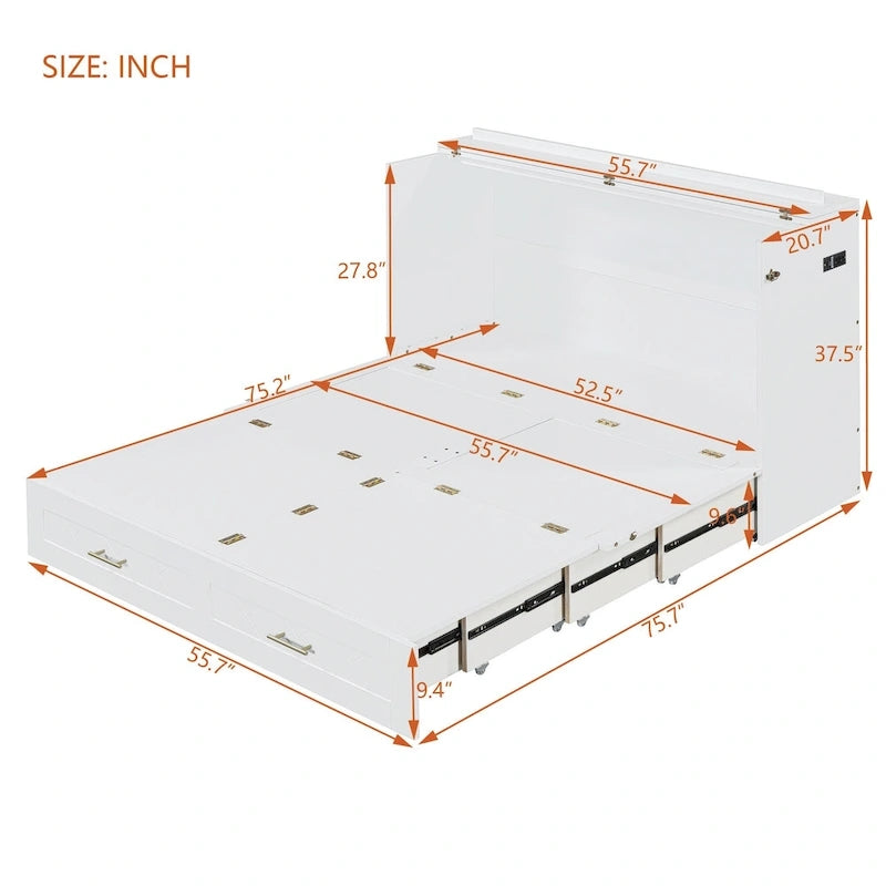 Cama de pared Murphy blanca con cajón, enchufes y USB – Tamaño matrimonial