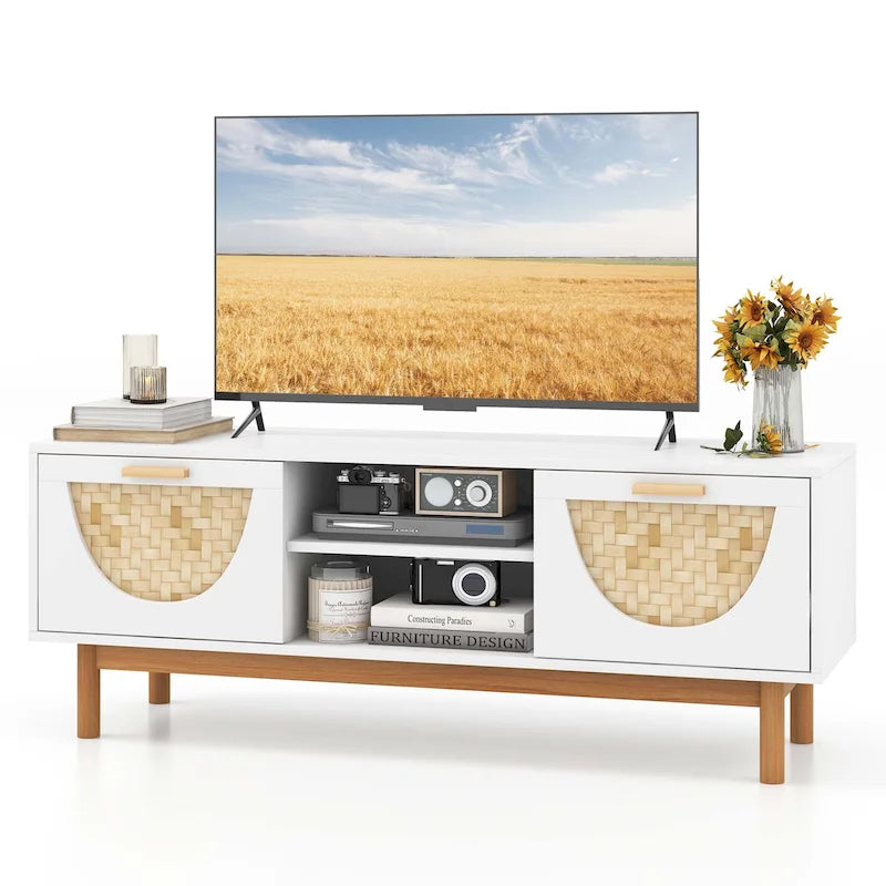 Mueble para TV blanco y bambú natural, apto para televisores de hasta 55"