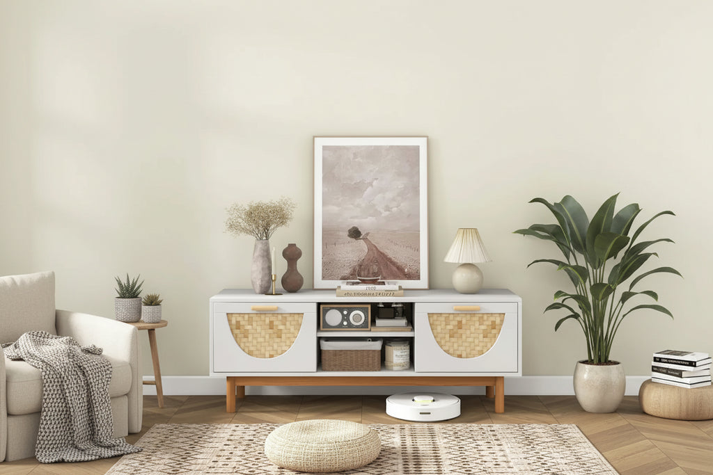 Mueble para TV blanco y bambú natural, apto para televisores de hasta 55"