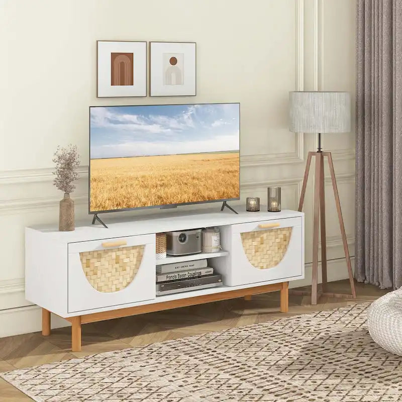 Mueble para TV blanco y bambú natural, apto para televisores de hasta 55"