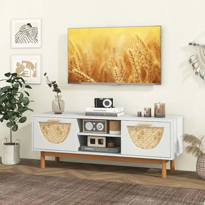 Mueble para TV blanco y bambú natural, apto para televisores de hasta 55"
