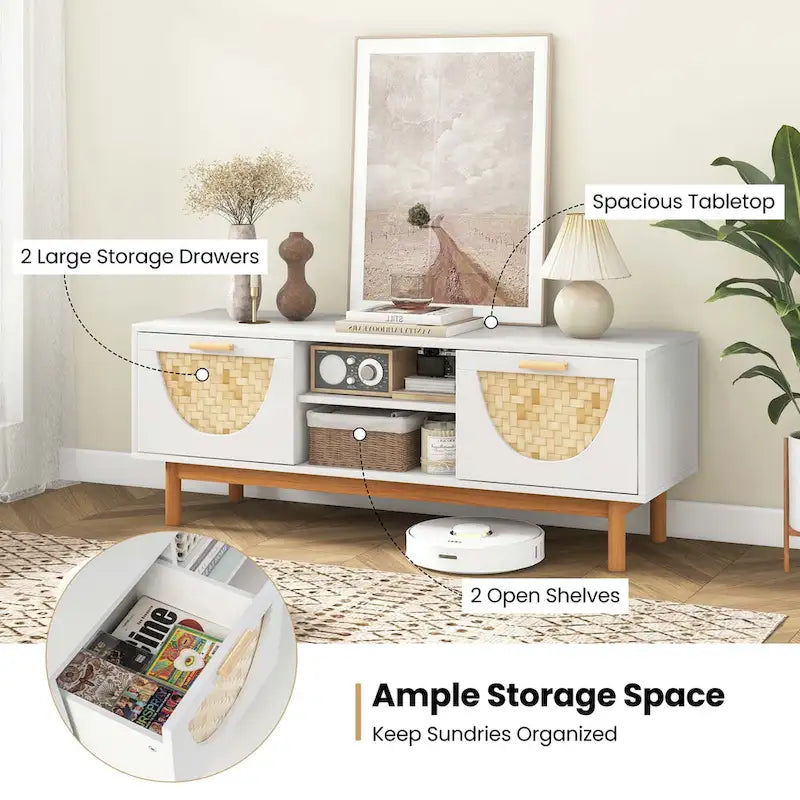 Mueble para TV blanco y bambú natural, apto para televisores de hasta 55"
