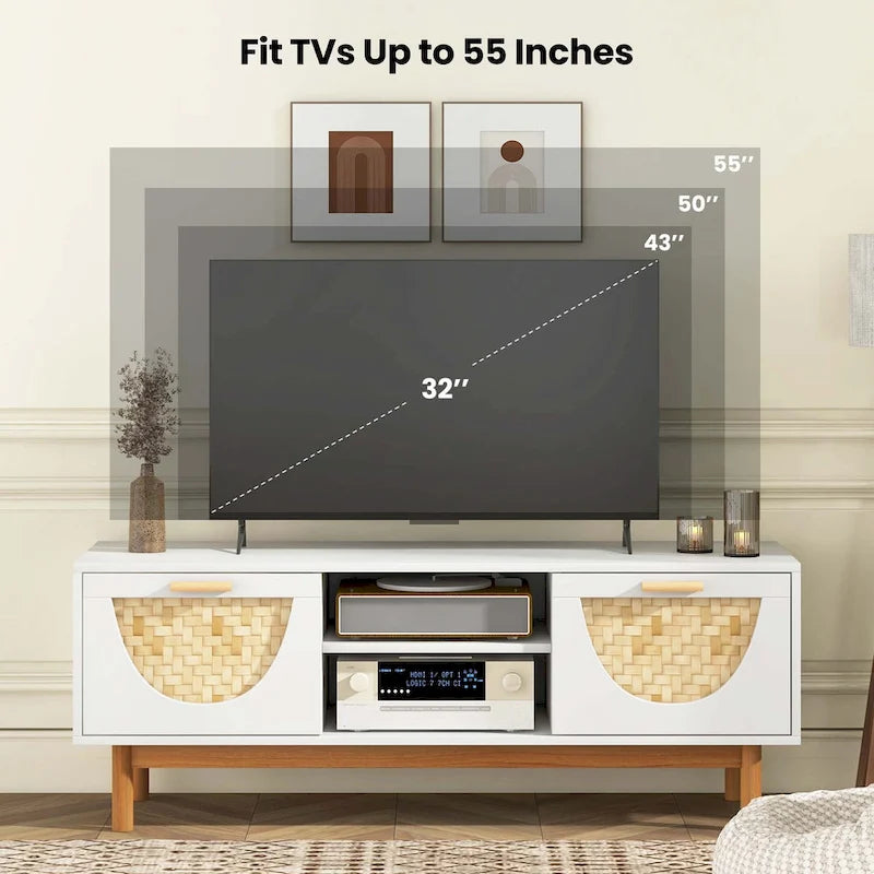 Mueble para TV blanco y bambú natural, apto para televisores de hasta 55"