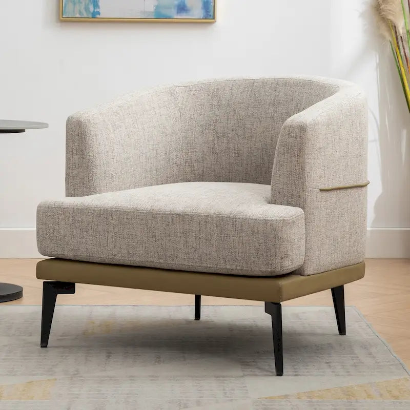 Sillón de barrica individual de lino y piel sintética bicolor mostaza/naranja quemado