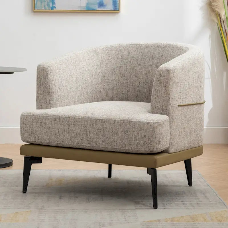 Sillón de barrica individual de lino y piel sintética bicolor mostaza/naranja quemado