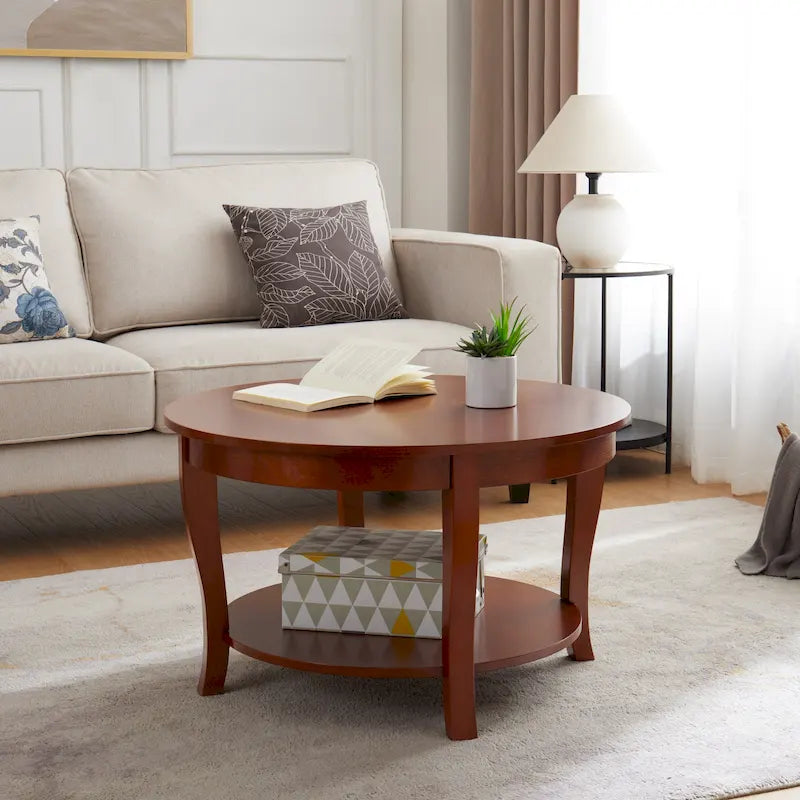 Mesa de centro redonda, beige/blanca, estante de almacenamiento abierto