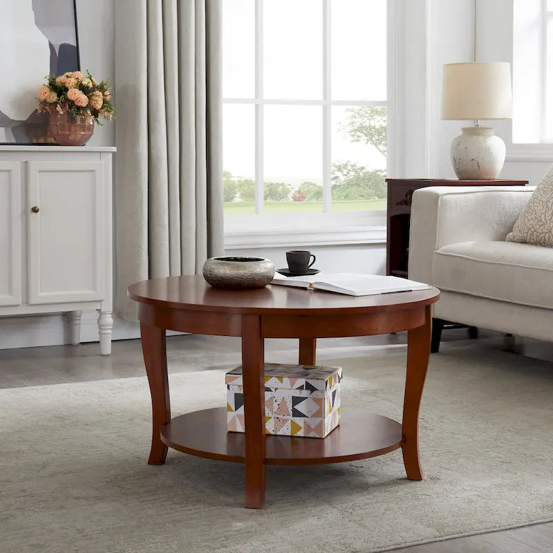 Mesa de centro redonda, beige/blanca, estante de almacenamiento abierto