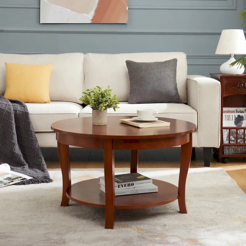 Mesa de centro redonda, beige/blanca, estante de almacenamiento abierto
