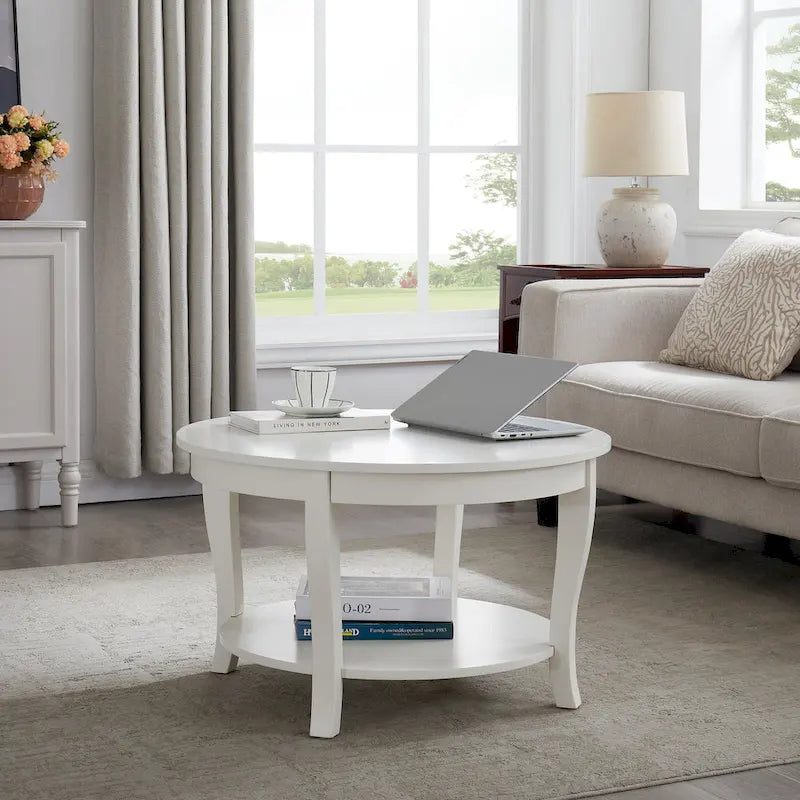 Mesa de centro redonda, beige/blanca, estante de almacenamiento abierto