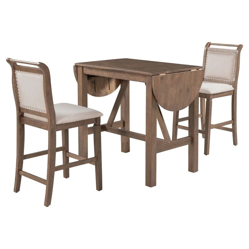 Juego compacto de 3 piezas para altura de barra: mesa de madera con alas abatibles y 2 sillas de comedor acolchadas para espacios pequeños