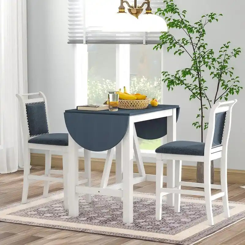 Juego compacto de 3 piezas para altura de barra: mesa de madera con alas abatibles y 2 sillas de comedor acolchadas para espacios pequeños