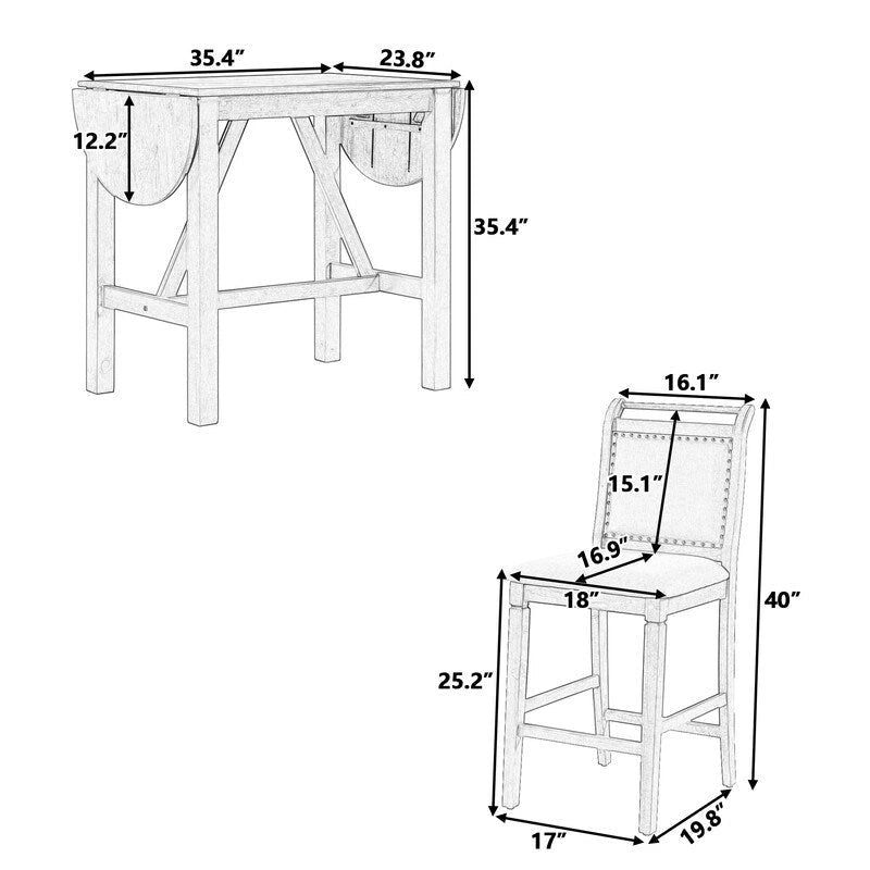 Juego compacto de 3 piezas para altura de barra: mesa de madera con alas abatibles y 2 sillas de comedor acolchadas para espacios pequeños