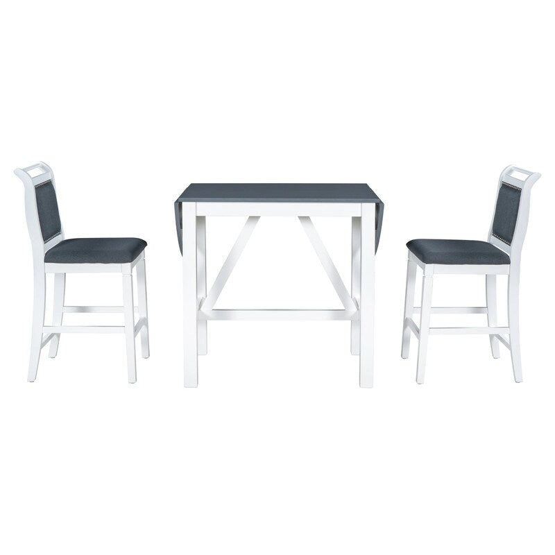 Juego compacto de 3 piezas para altura de barra: mesa de madera con alas abatibles y 2 sillas de comedor acolchadas para espacios pequeños