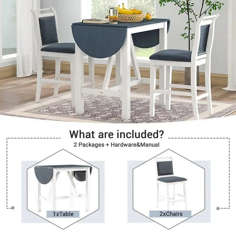 Juego compacto de 3 piezas para altura de barra: mesa de madera con alas abatibles y 2 sillas de comedor acolchadas para espacios pequeños