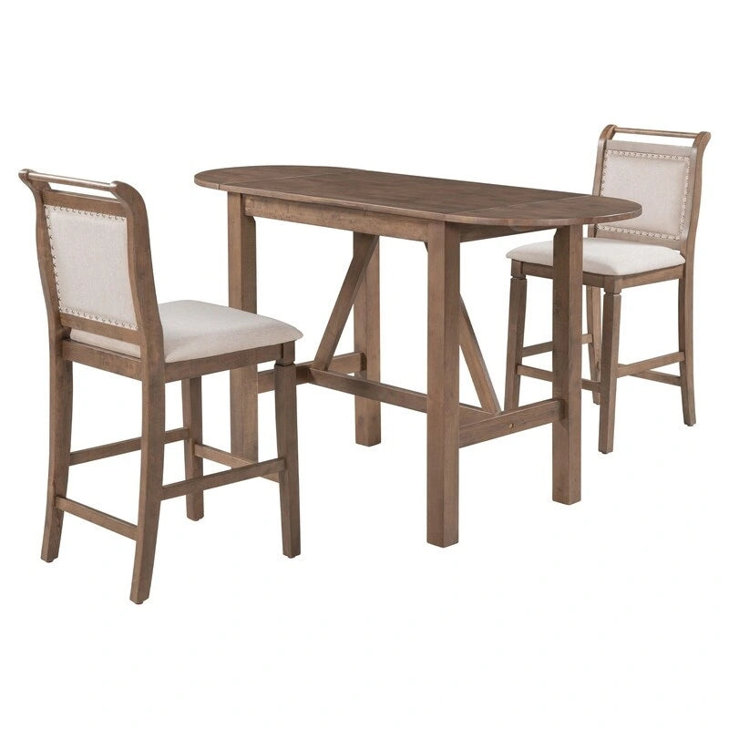 Juego compacto de 3 piezas para altura de barra: mesa de madera con alas abatibles y 2 sillas de comedor acolchadas para espacios pequeños