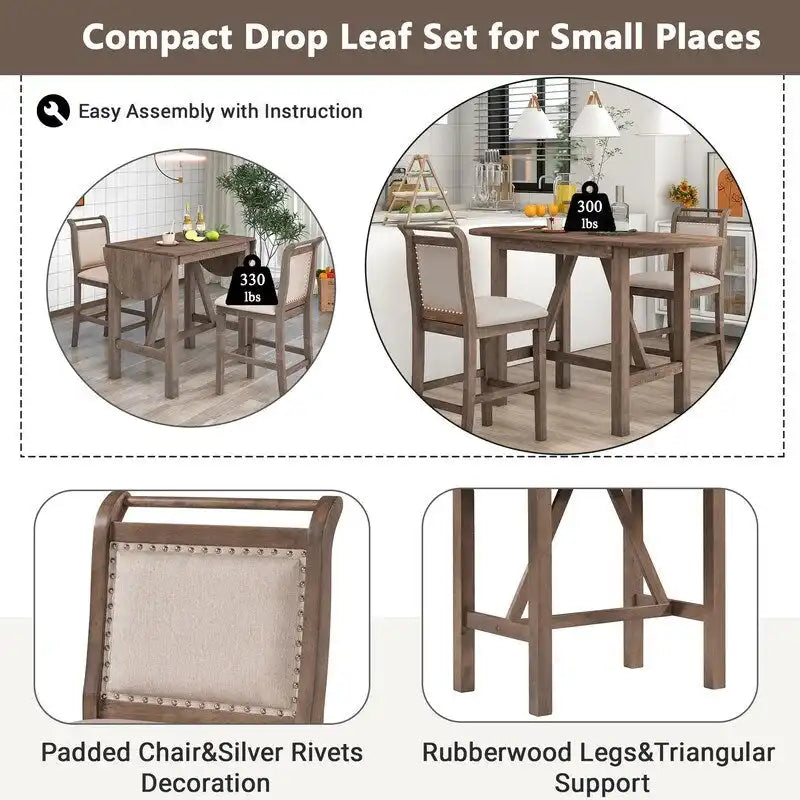 Juego compacto de 3 piezas para altura de barra: mesa de madera con alas abatibles y 2 sillas de comedor acolchadas para espacios pequeños