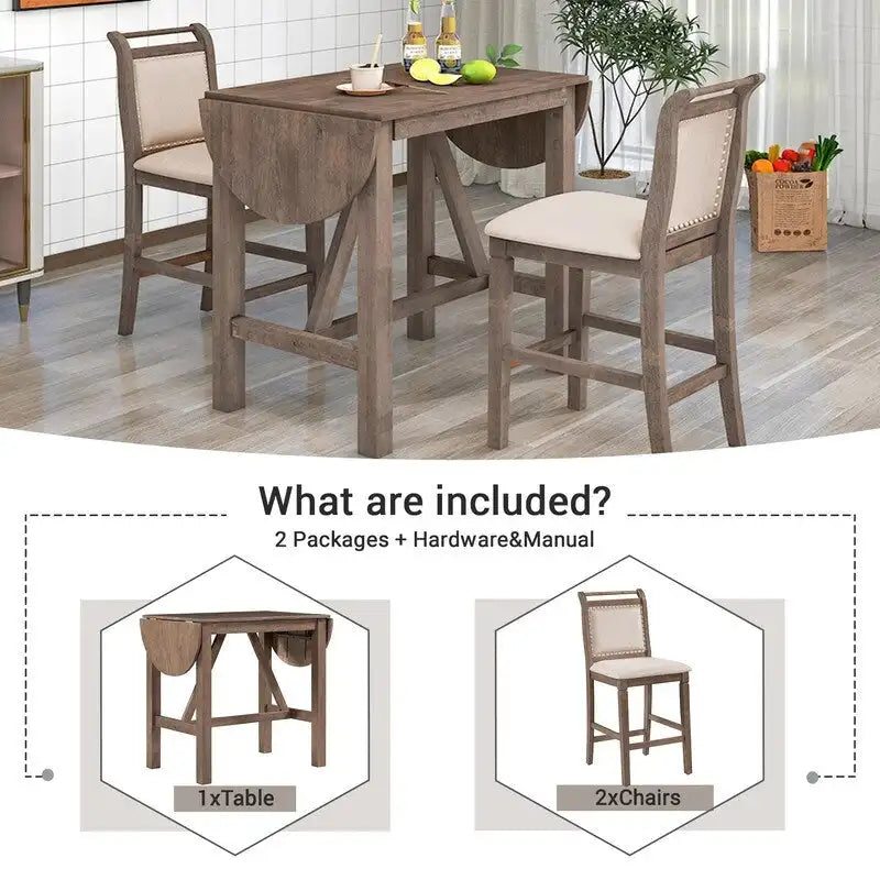 Juego compacto de 3 piezas para altura de barra: mesa de madera con alas abatibles y 2 sillas de comedor acolchadas para espacios pequeños