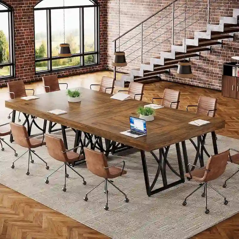 Mesa de conferencias rectangular negra y marrón para 6-8 personas