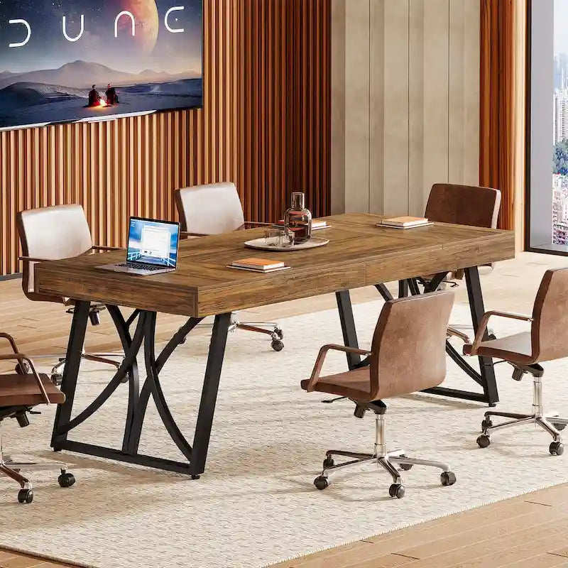 Mesa de conferencias rectangular negra y marrón para 6-8 personas