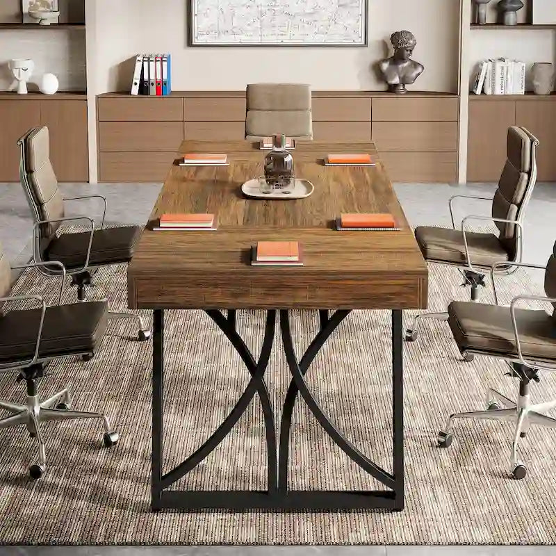 Mesa de conferencias rectangular negra y marrón para 6-8 personas